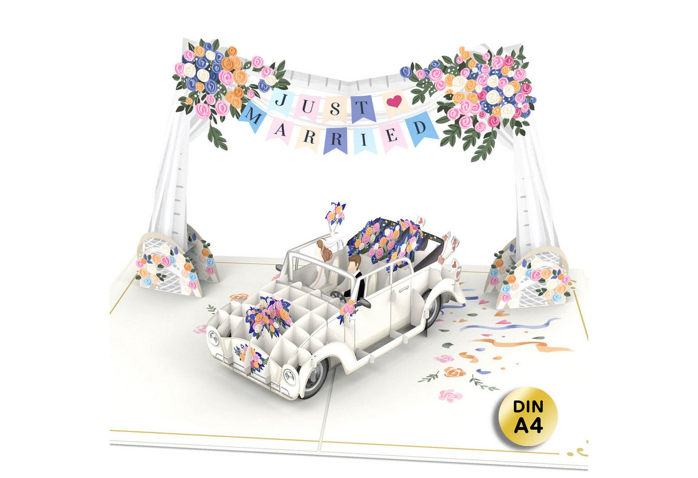 papercrush Hochzeitskarte XXL Hochzeitsauto mit Girlande Pop-Up Karte, DIN A4 Format, Lasergeschnitten, Handgemacht