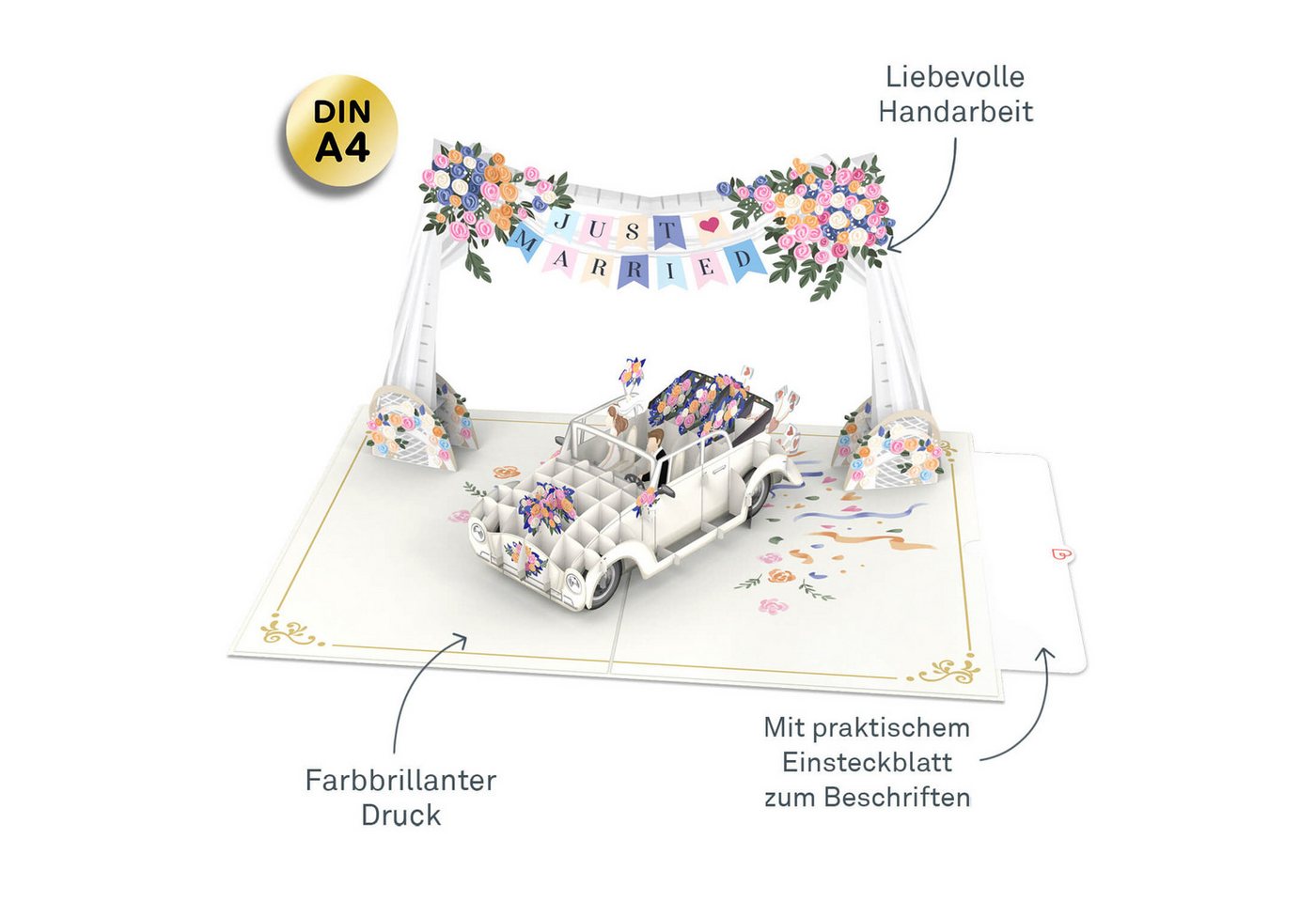 papercrush Hochzeitskarte XXL Hochzeitsauto mit Girlande Pop-Up Karte, DIN A4 Format, Lasergeschnitten, Handgemacht Bild 2