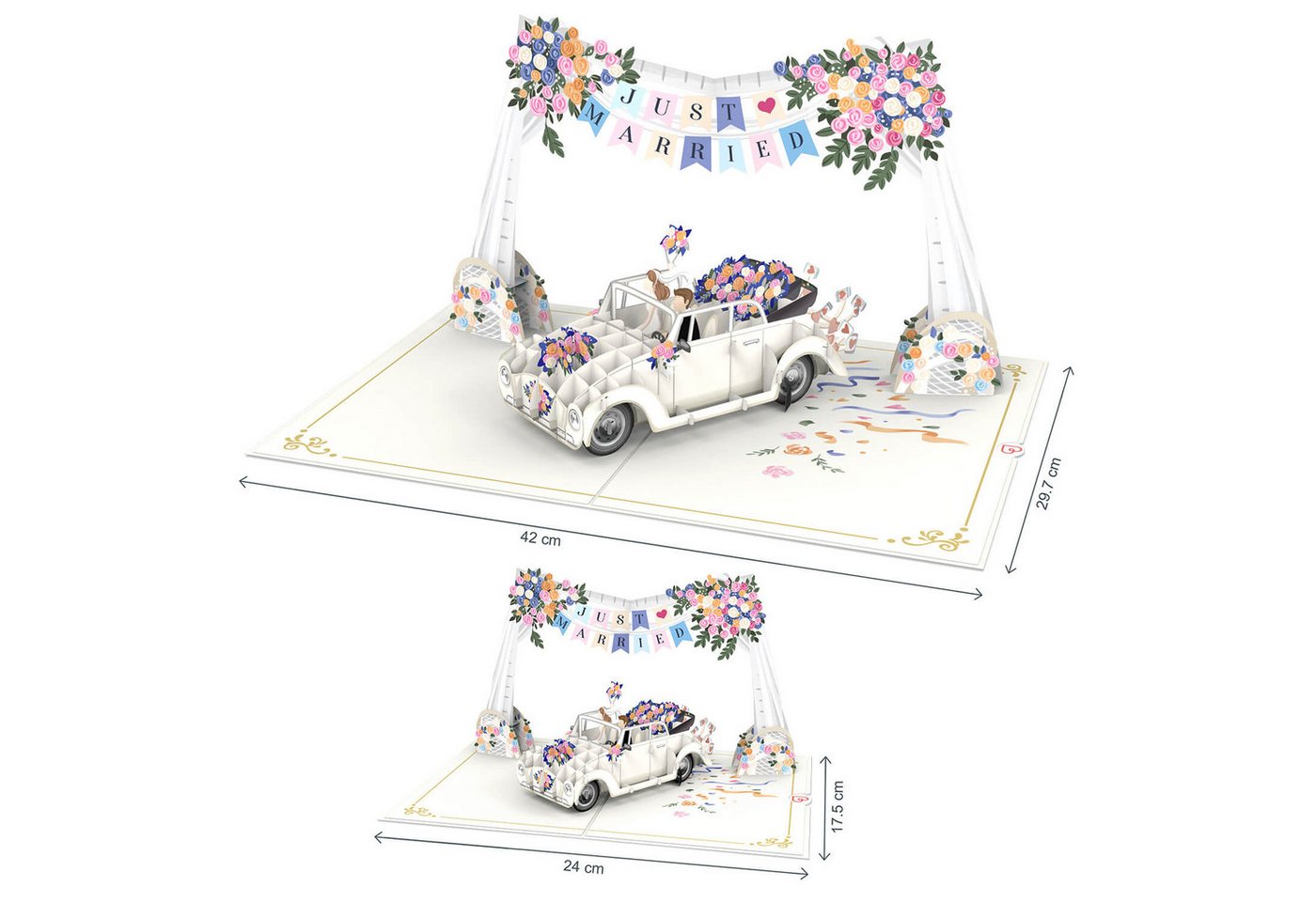 papercrush Hochzeitskarte XXL Hochzeitsauto mit Girlande Pop-Up Karte, DIN A4 Format, Lasergeschnitten, Handgemacht Bild 5