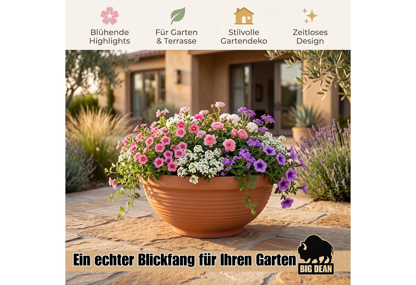 BigDean Pflanzschale Pflanzschale groß ø65cm Anthrazit XXL Schale rund für Miniteich, Wetterfest, UV-Beständig, Rillenmuster
