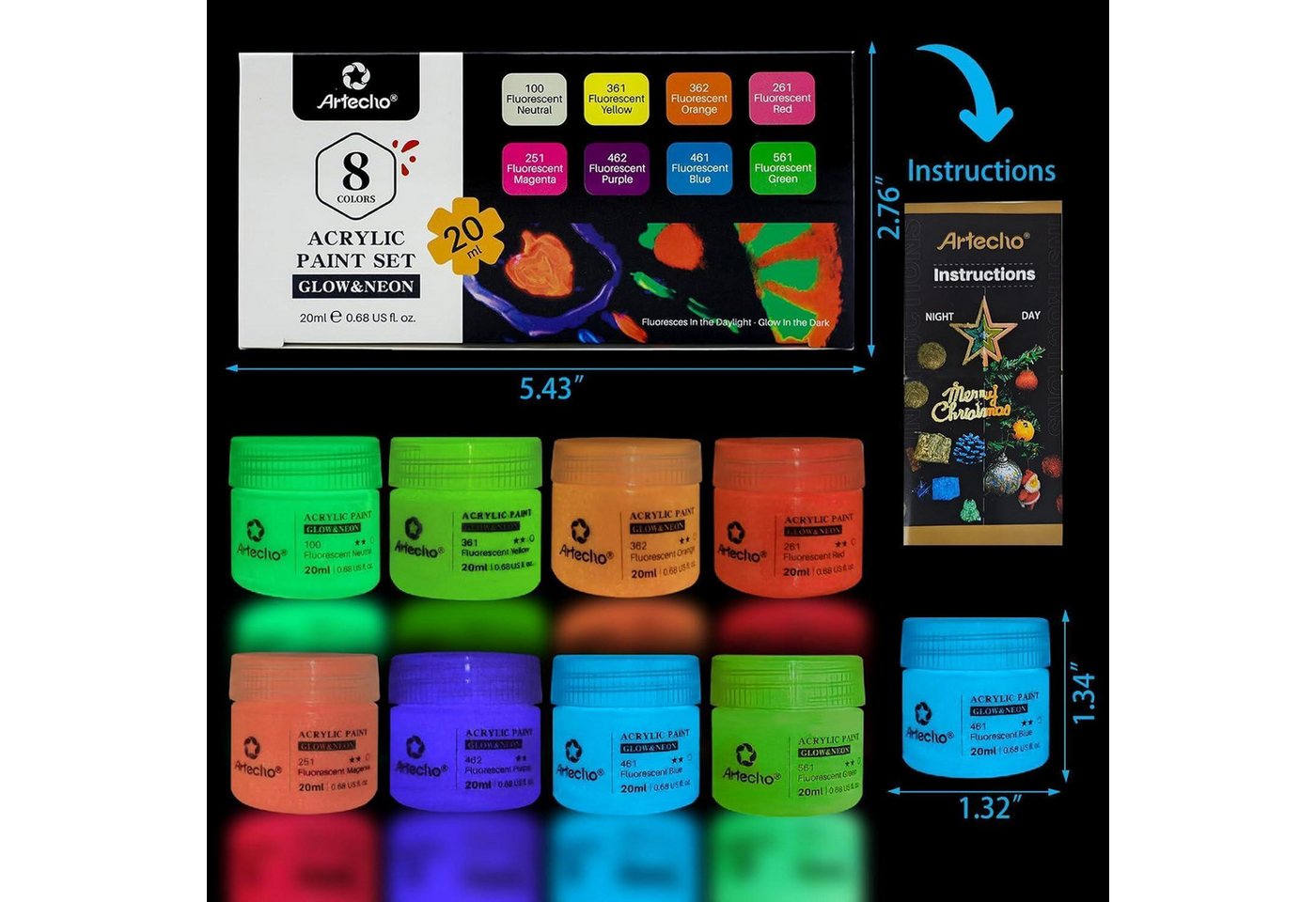 LuxusKollektion Malstift Acrylfarben Set 2in1 Neon Glow Dark 20ml Leuchtfarbe (8er Pack)