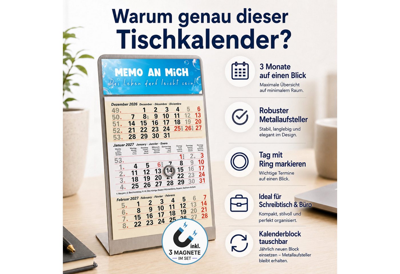 TOBJA Tischkalender Tischkalender 2027 Set + Deko-Magnete Metallaufsteller (Sand), Aufsteller + Kalender, 3 Deko-Magnete, Datumsschieber, mehrsprachig