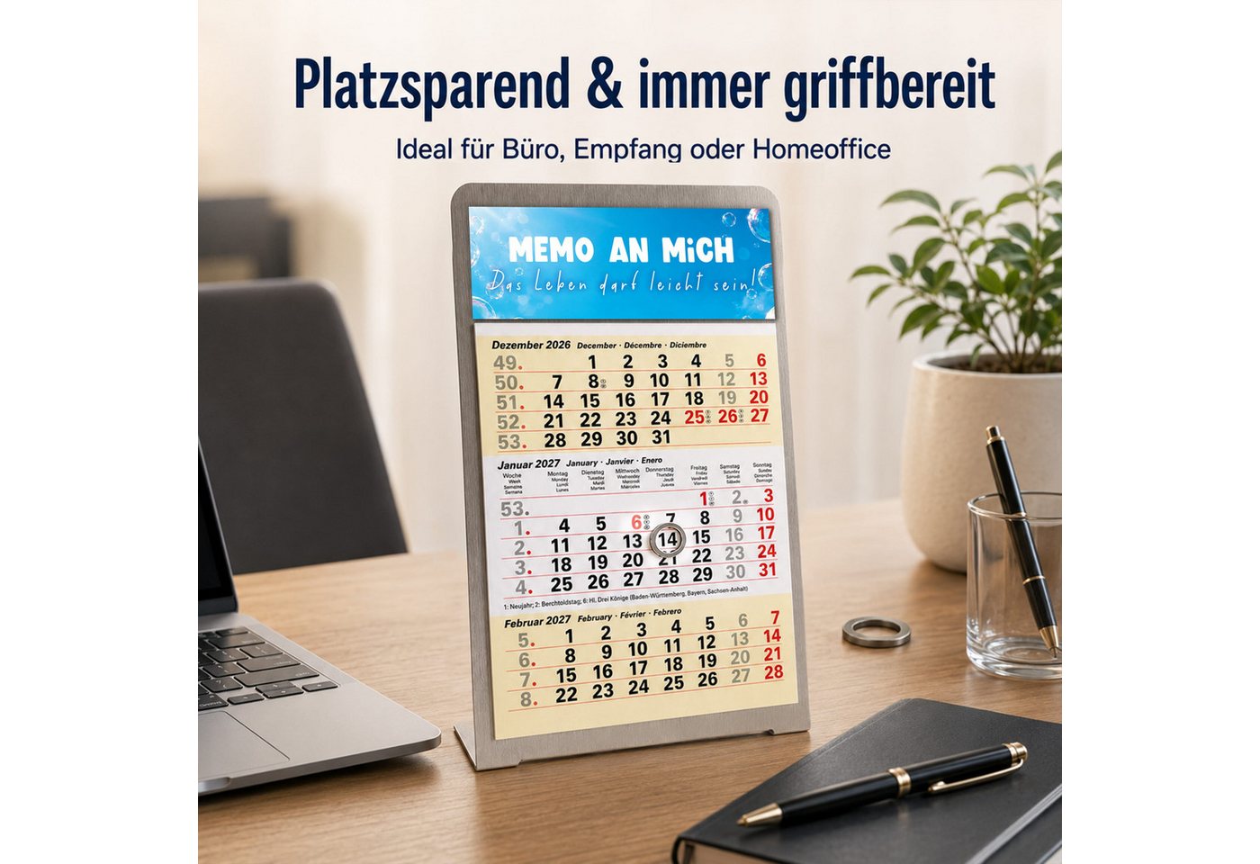 TOBJA Tischkalender Tischkalender 2027 Set + Deko-Magnete Metallaufsteller (Sand), Aufsteller + Kalender, 3 Deko-Magnete, Datumsschieber, mehrsprachig Bild 2