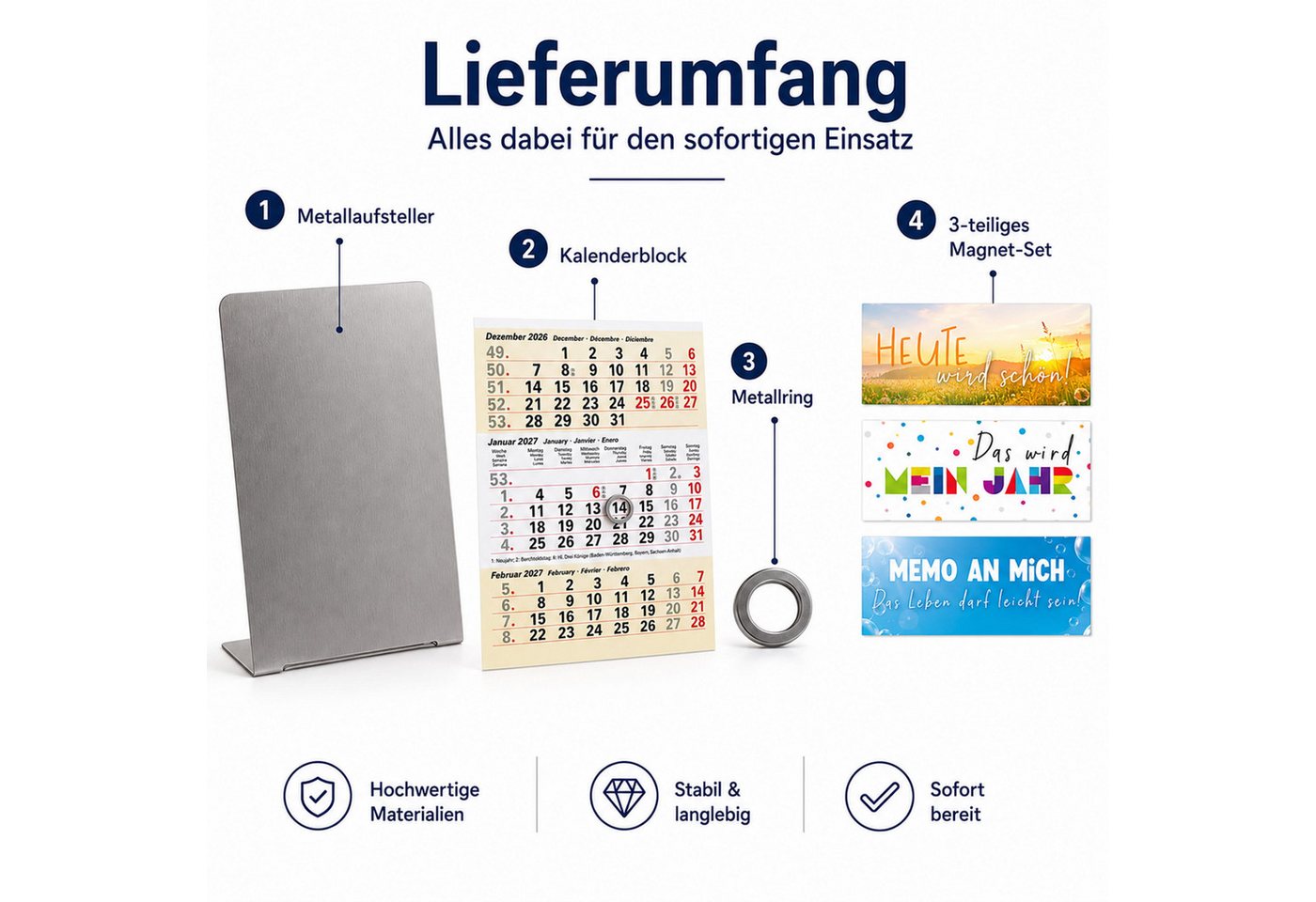 TOBJA Tischkalender Tischkalender 2027 Set + Deko-Magnete Metallaufsteller (Sand), Aufsteller + Kalender, 3 Deko-Magnete, Datumsschieber, mehrsprachig Bild 3