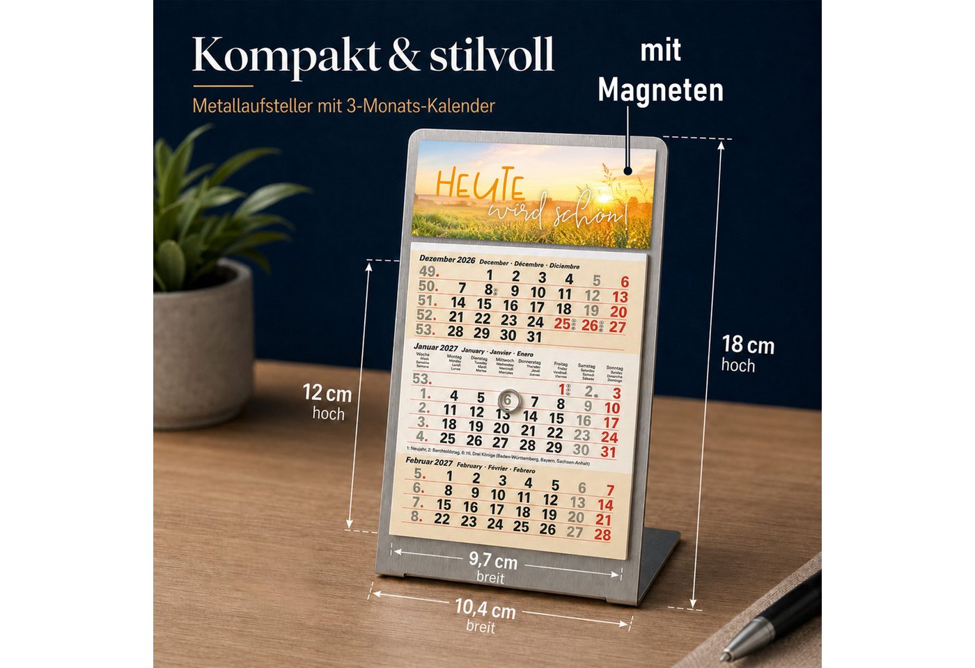 TOBJA Tischkalender Tischkalender 2027 Set + Deko-Magnete Metallaufsteller (Sand), Aufsteller + Kalender, 3 Deko-Magnete, Datumsschieber, mehrsprachig Bild 4