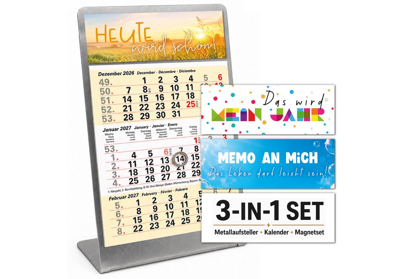 TOBJA Tischkalender Tischkalender 2027 Set + Deko-Magnete Metallaufsteller (Sand), Aufsteller + Kalender, 3 Deko-Magnete, Datumsschieber, mehrsprachig Bild 5