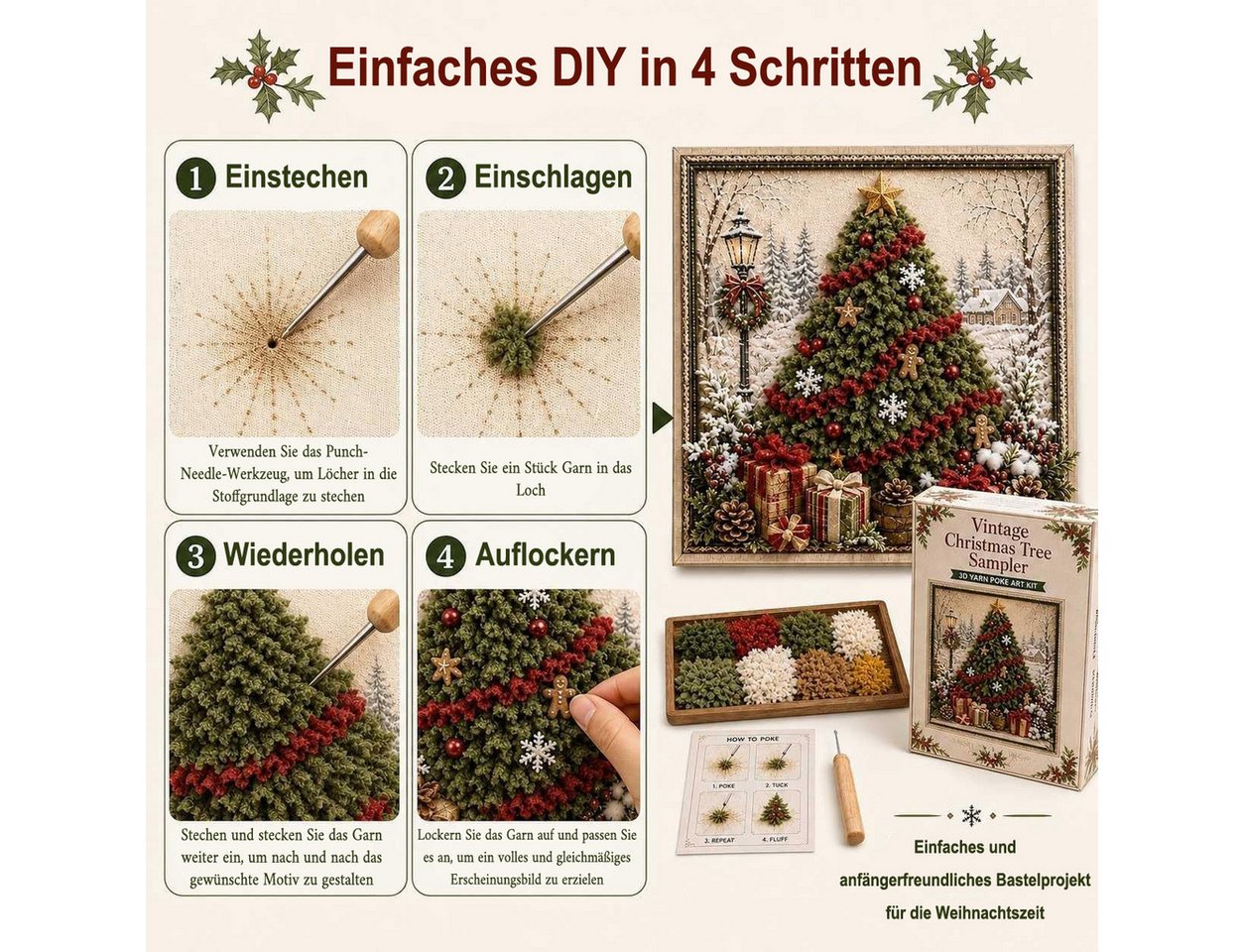 CLTYQ Kreativset 3D-Weihnachts-Bastel-Kreativset zum Punch Needle, Weihnachtsdekoration für erwachsene Anfänger