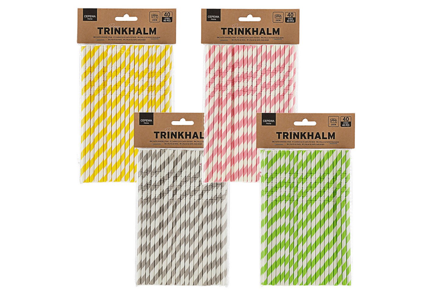 CEPEWA Trinkhalme Trinkhalm 420 Stück 20x0,6cm Papier weiß gelb grau grün rosa Strohhalm