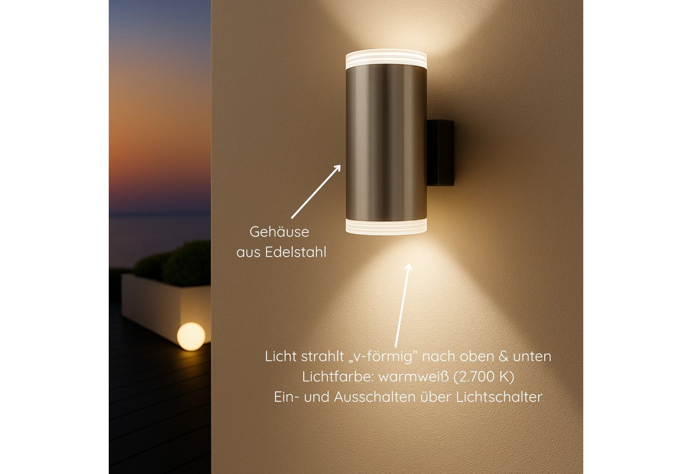 MeLiTec Wandleuchte LED Wand-Außenleuchte 145 & 145-1, schwarz matt oder silber, Up and Down Leuchte für innen und außen, IP44, moderne LED-Wandlampe Bild 2
