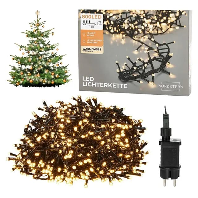Nordstern LED-Lichterkette WarmWeiß von 24 bis 1.200 LED Weihnachtsdeko für Innen und Außen, mit Stecker 800 LED - 16 m für Weihnachtsbaum