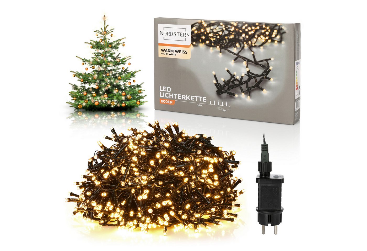 Nordstern LED-Lichterkette WarmWeiß von 24 bis 1.200 LED Weihnachtsdeko für Innen und Außen, mit Stecker 800 LED - 16 m für Weihnachtsbaum Bild 4