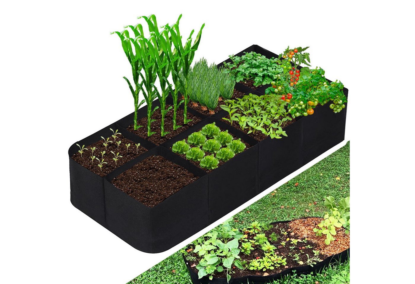 MOPUEA Pflanzkübel Pflanzsack 8 Fächer Rechteckiger Pflanztasche Atmungsaktiv Faltbar (Hochbeet Pflanzsack mit 8 Pflanzfächern, Pflanzsack aus Vliesstoff für Gemüse Kräuter und Blumen), Atmungsaktiv faltbar wiederverwendbar mit 8 Fächern