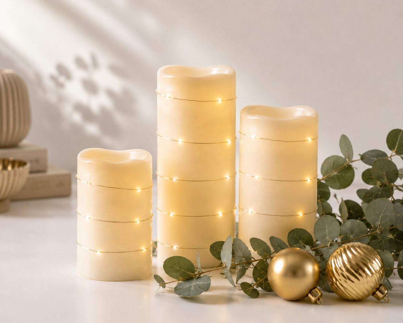 Wurm LED-Kerze LED Stumpenkerzen 3er Set Creme – Timer, batteriebetrieben, Ø 7,5 cm Bild 4