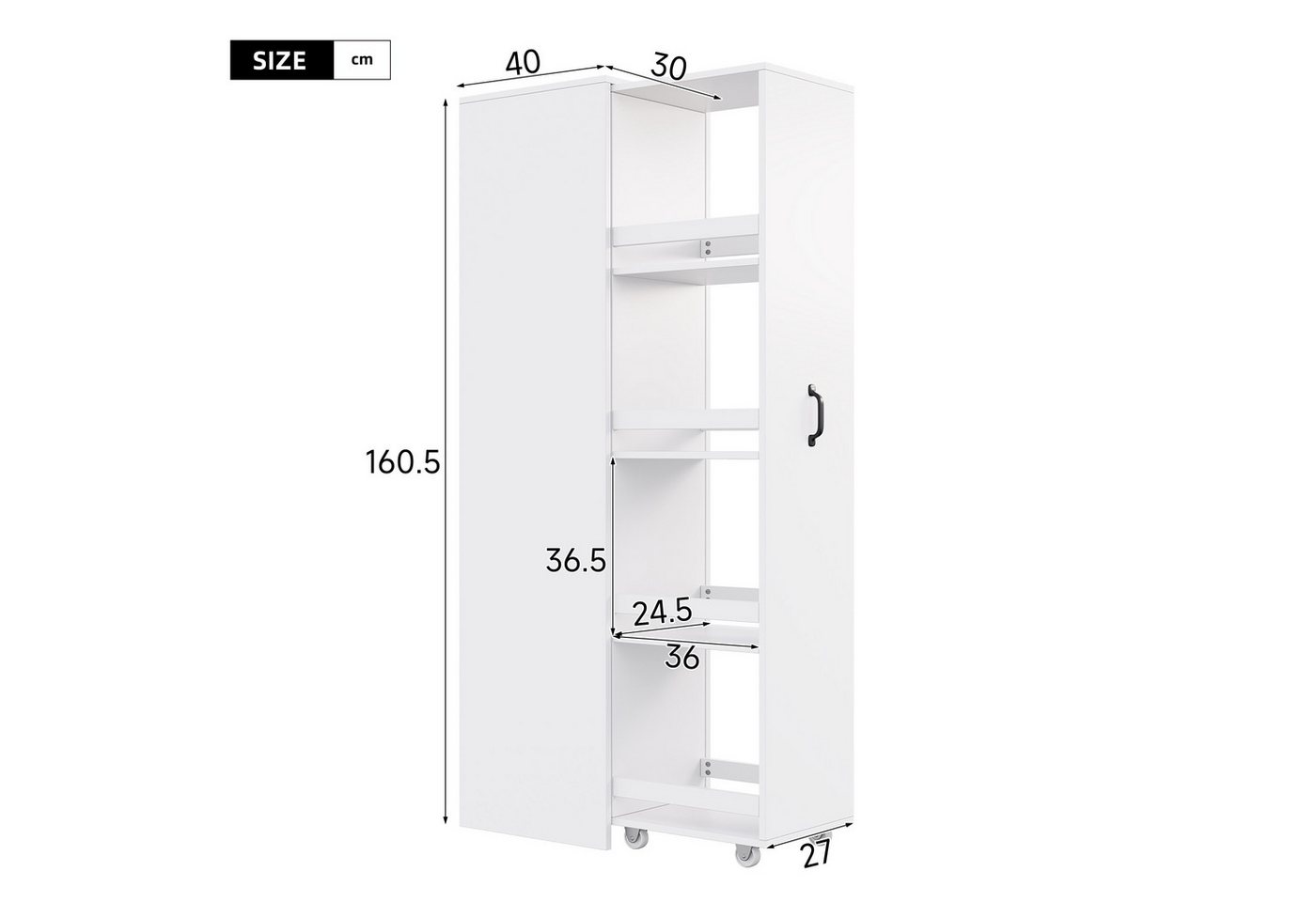 Flieks Bücherregal multifunktionaler Hochschrank Speicherregal 4 Ebenen mit Rollen, 1-tlg., schmal Mehrzweckschrank Highboard mit 4-stufiges Schubladen Weiß