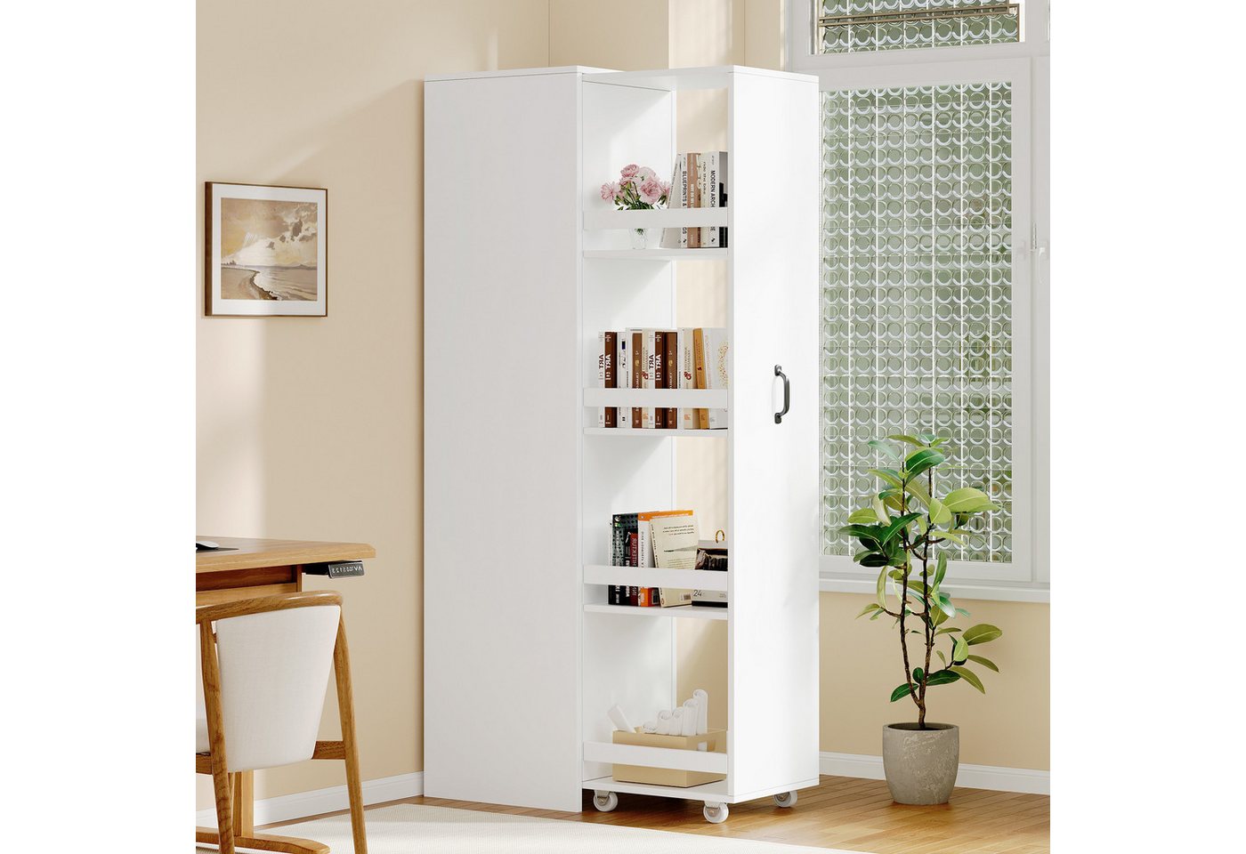 Flieks Bücherregal multifunktionaler Hochschrank Speicherregal 4 Ebenen mit Rollen, 1-tlg., schmal Mehrzweckschrank Highboard mit 4-stufiges Schubladen Weiß Bild 2