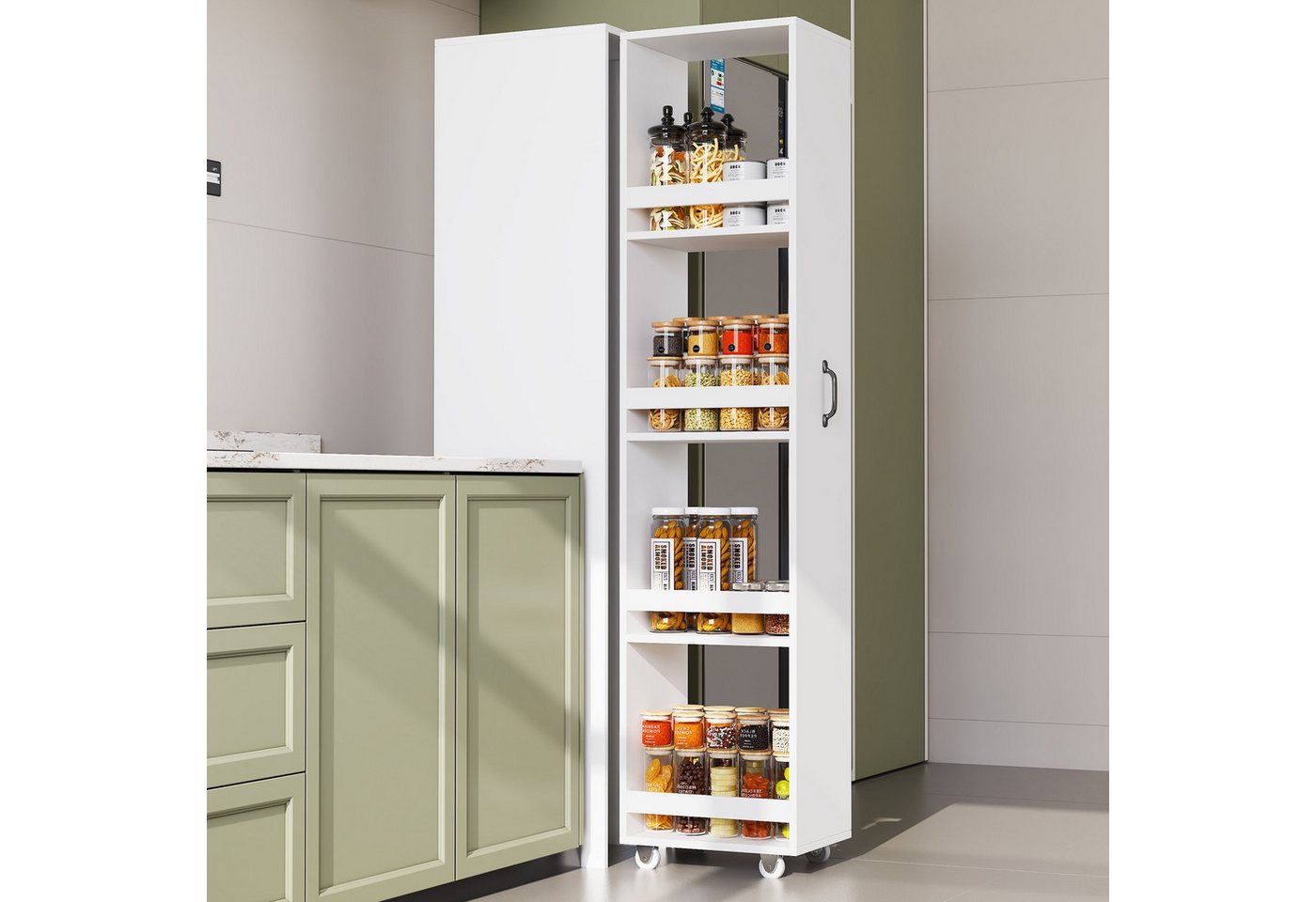 Flieks Bücherregal multifunktionaler Hochschrank Speicherregal 4 Ebenen mit Rollen, 1-tlg., schmal Mehrzweckschrank Highboard mit 4-stufiges Schubladen Weiß Bild 4