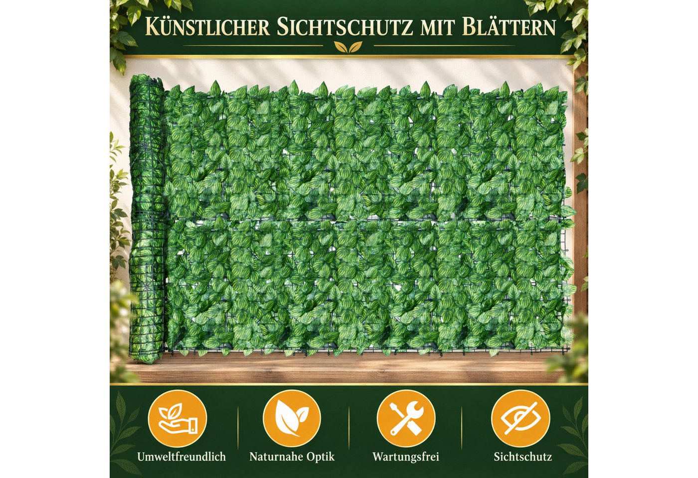 LEMLIT Kunsthecken-Sichtschutz Efeu Sichtschutz Outdoor 300x100CM Balkon Sichtschutzzaun, (1 Stück, 1-St., 1 x 3 M), UV-Schutz, künstliche Blätter, Pflanzenranke, Wand für draußen Bild 3