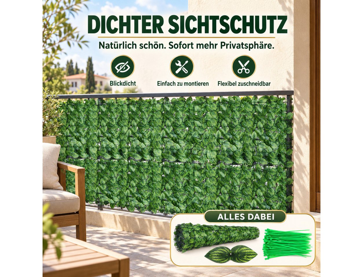 LEMLIT Kunsthecken-Sichtschutz Efeu Sichtschutz Outdoor 300x100CM Balkon Sichtschutzzaun, (1 Stück, 1-St., 1 x 3 M), UV-Schutz, künstliche Blätter, Pflanzenranke, Wand für draußen Bild 4