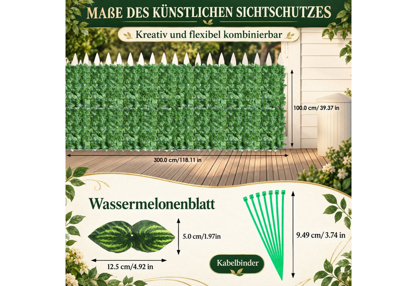 LEMLIT Kunsthecken-Sichtschutz Efeu Sichtschutz Outdoor 300x100CM Balkon Sichtschutzzaun, (2 Stück, 2-St., 1 x 3 M), UV-Schutz, künstliche Blätter, Pflanzenranke, Wand für draußen Bild 5