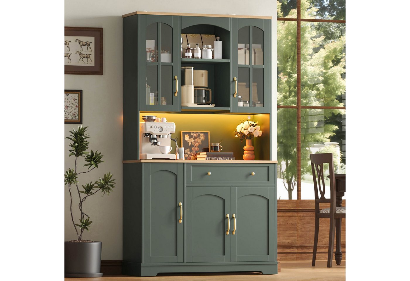 Flieks Küchenbuffet Retro Hochschrank Glasvitrine mit Arbeitsplatte Natur, LED-Beleuchtung (100x38x178 cm, 1-St) Multifunktionsschrank Vorratsschrank mit Glastüren, Schubladen Grün