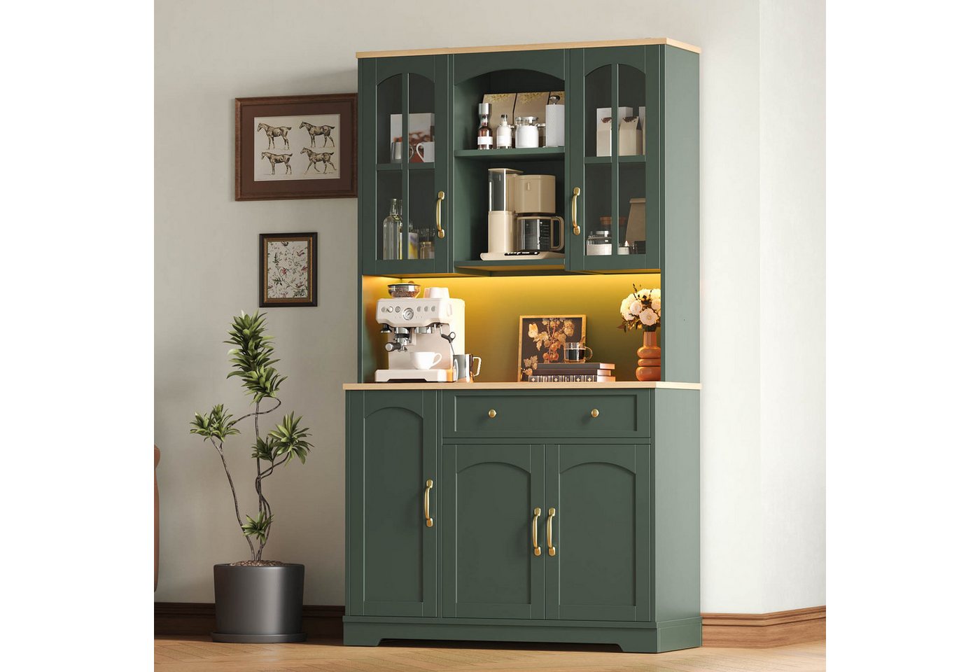 Flieks Küchenbuffet Retro Hochschrank Glasvitrine mit Arbeitsplatte Natur, LED-Beleuchtung (100x38x178 cm, 1-St) Multifunktionsschrank Vorratsschrank mit Glastüren, Schubladen Grün Bild 2