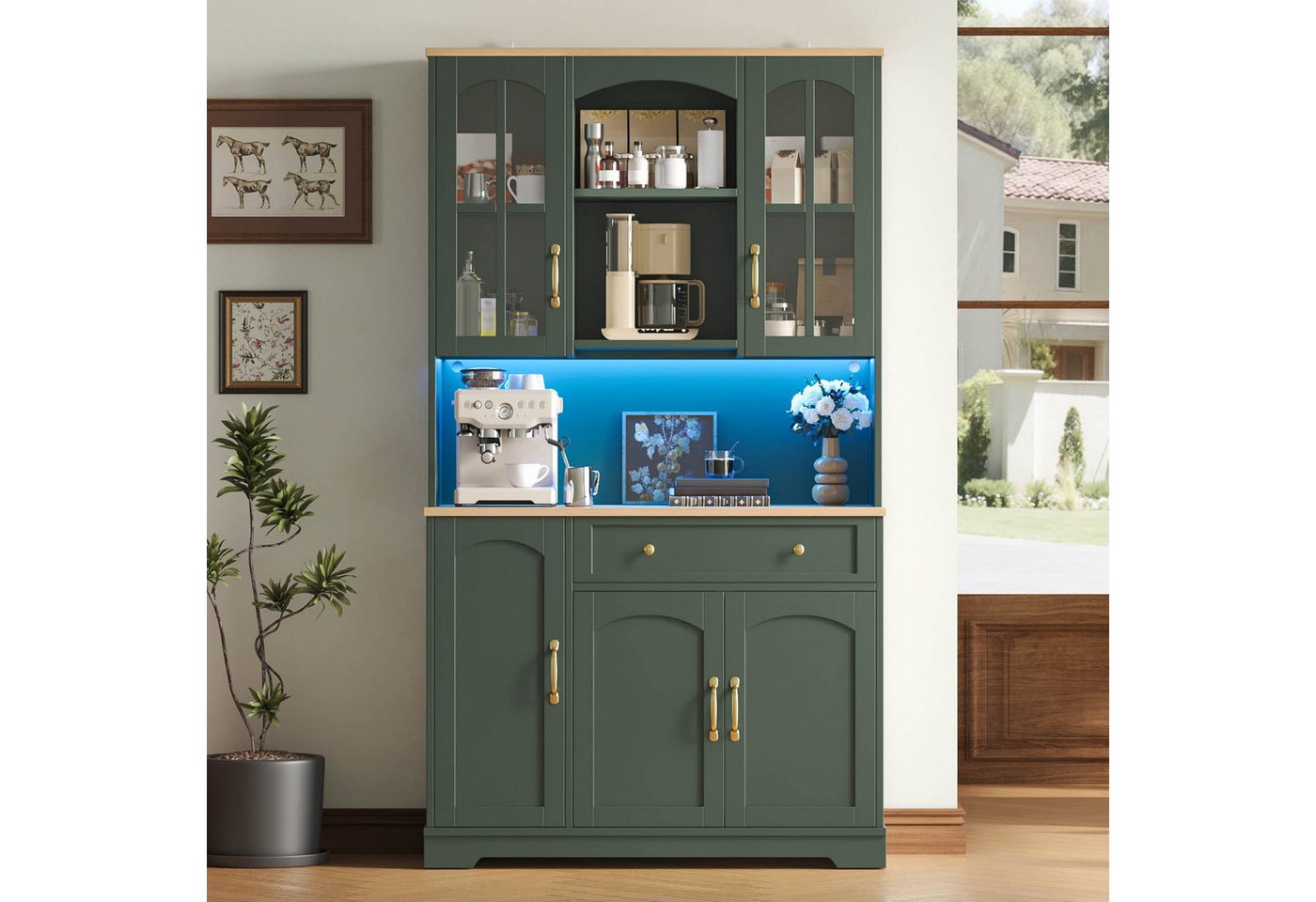 Flieks Küchenbuffet Retro Hochschrank Glasvitrine mit Arbeitsplatte Natur, LED-Beleuchtung (100x38x178 cm, 1-St) Multifunktionsschrank Vorratsschrank mit Glastüren, Schubladen Grün Bild 3