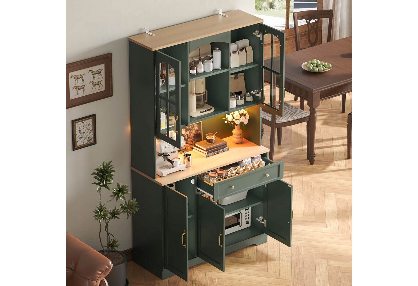 Flieks Küchenbuffet Retro Hochschrank Glasvitrine mit Arbeitsplatte Natur, LED-Beleuchtung (100x38x178 cm, 1-St) Multifunktionsschrank Vorratsschrank mit Glastüren, Schubladen Grün Bild 4