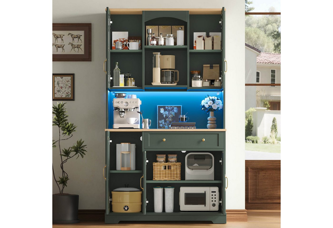 Flieks Küchenbuffet Retro Hochschrank Glasvitrine mit Arbeitsplatte Natur, LED-Beleuchtung (100x38x178 cm, 1-St) Multifunktionsschrank Vorratsschrank mit Glastüren, Schubladen Grün Bild 5