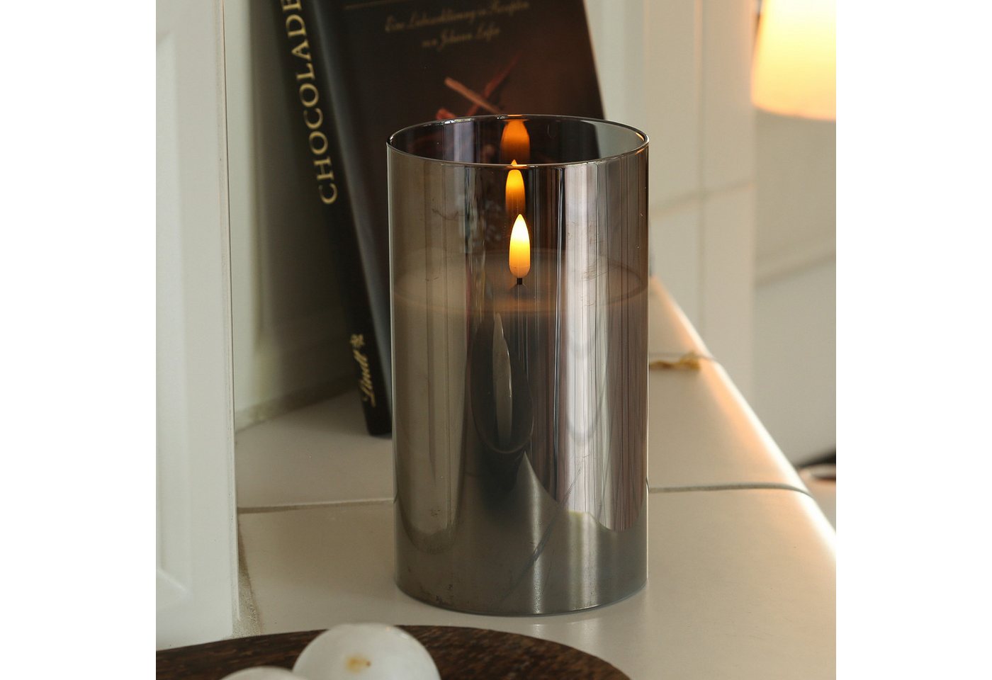 MARELIDA LED-Kerze LED Kerze im Glas Windlicht Echtwachs Timer H: 17,5cm D: 10cm grau, LED Classic, warmweiß (2100K bis 3000K)