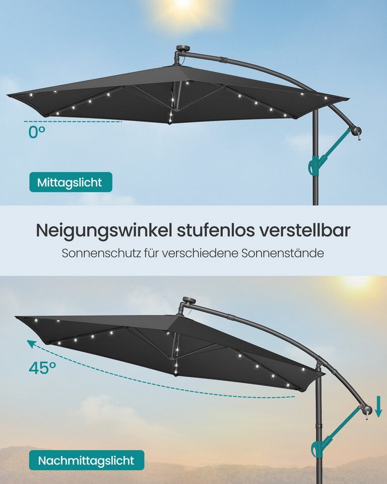 SONGMICS Sonnenschirm Ampelschirm mit LED-Solar-Beleuchtung, 350 cm d, Terrasse, Garten, 32 LED-Lämpchen, UPF 50+, mit Ständer