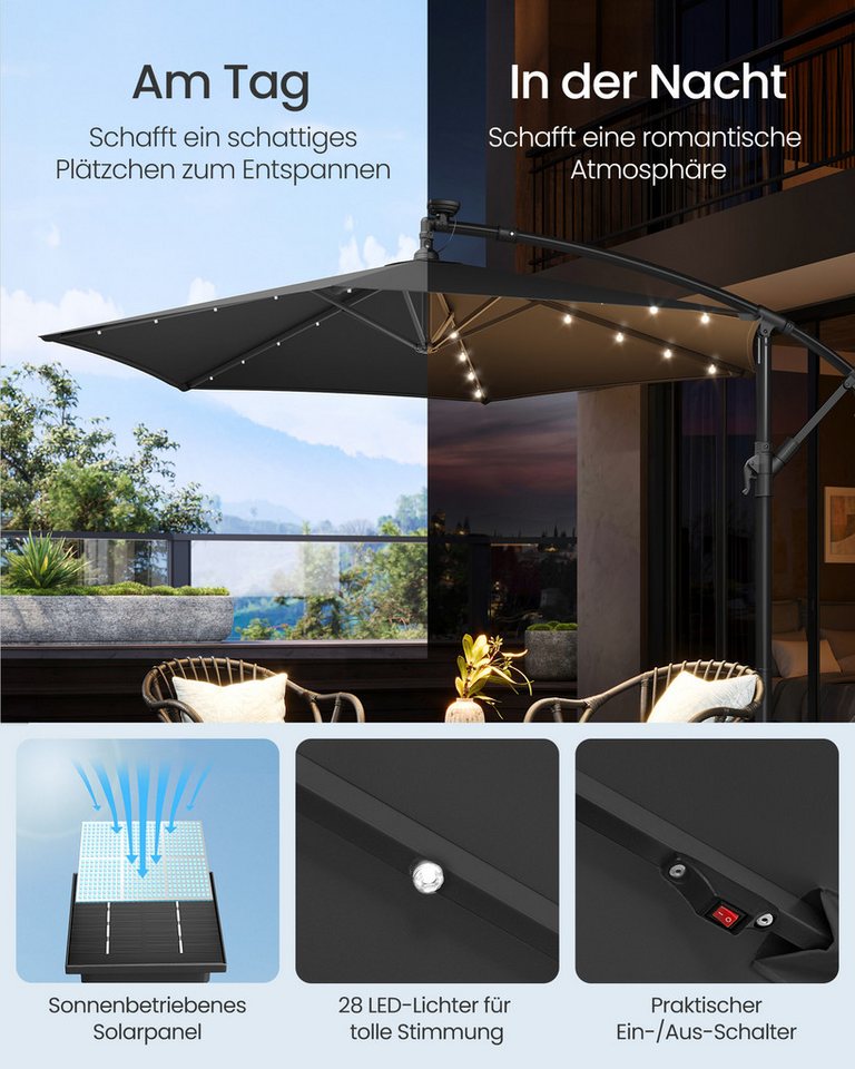 SONGMICS Sonnenschirm Ampelschirm mit LED-Solar-Beleuchtung, 350 cm d, Terrasse, Garten, 32 LED-Lämpchen, UPF 50+, mit Ständer Bild 2