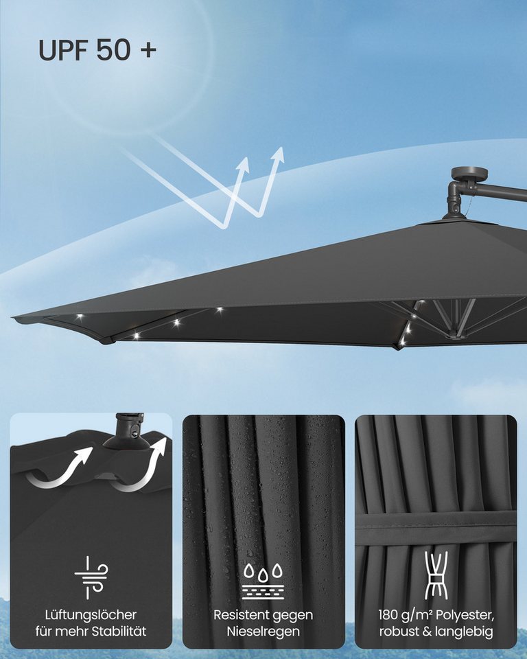 SONGMICS Sonnenschirm Ampelschirm mit LED-Solar-Beleuchtung, 350 cm d, Terrasse, Garten, 32 LED-Lämpchen, UPF 50+, mit Ständer Bild 4