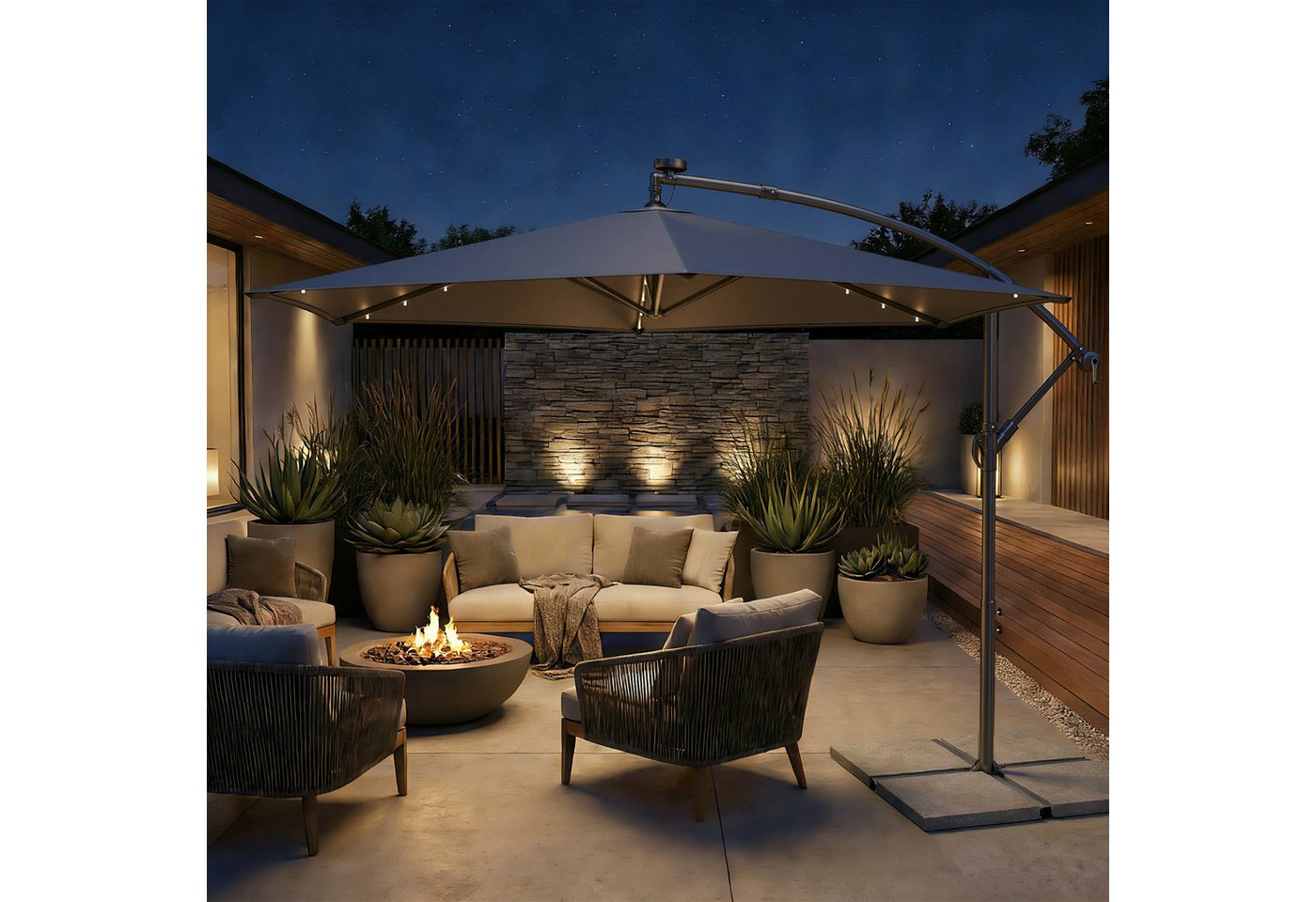 SONGMICS Sonnenschirm Ampelschirm mit LED-Solar-Beleuchtung, 350 cm d, Terrasse, Garten, 32 LED-Lämpchen, UPF 50+, mit Ständer Bild 5
