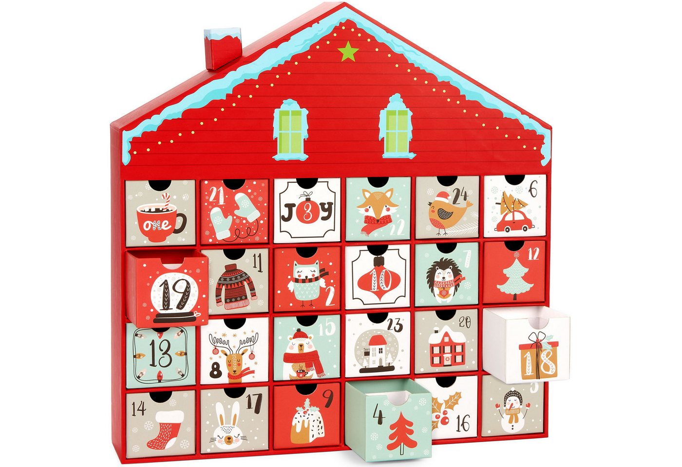BRUBAKER befüllbarer Adventskalender Weihnachtshaus - Weihnachtskalender zum Befüllen (40,5 cm groß aus Pappe - Rot, 1-tlg), DIY Kalender mit 24 Türchen für Gutscheine und Süßigkeiten