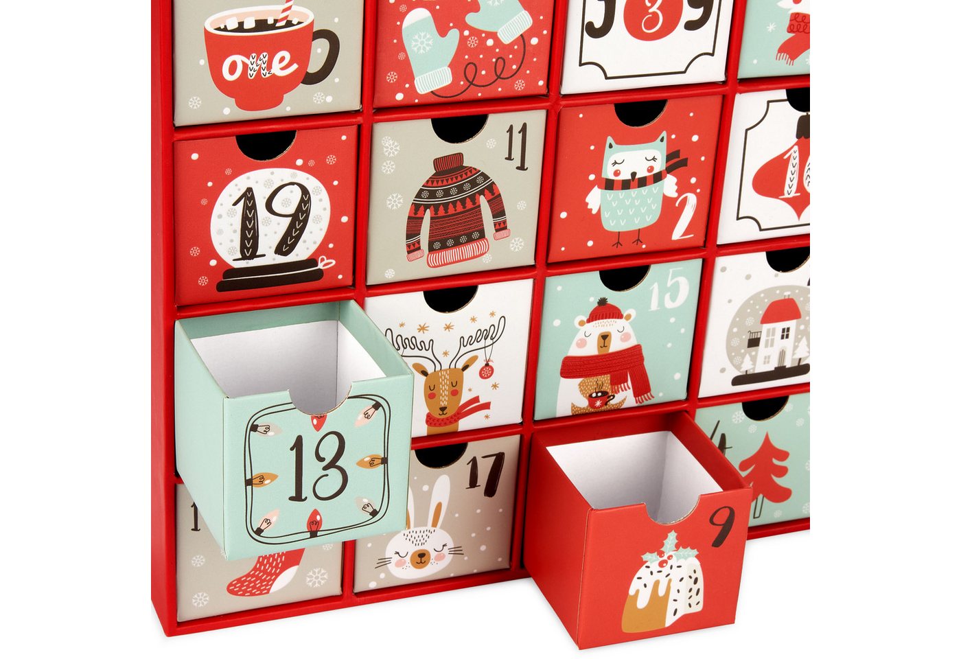 BRUBAKER befüllbarer Adventskalender Weihnachtshaus - Weihnachtskalender zum Befüllen (40,5 cm groß aus Pappe - Rot, 1-tlg), DIY Kalender mit 24 Türchen für Gutscheine und Süßigkeiten Bild 2
