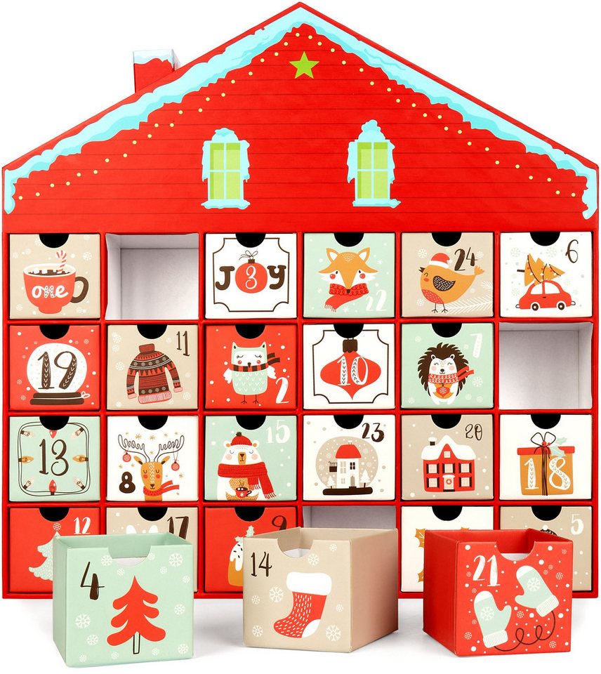 BRUBAKER befüllbarer Adventskalender Weihnachtshaus - Weihnachtskalender zum Befüllen (40,5 cm groß aus Pappe - Rot, 1-tlg), DIY Kalender mit 24 Türchen für Gutscheine und Süßigkeiten Bild 3
