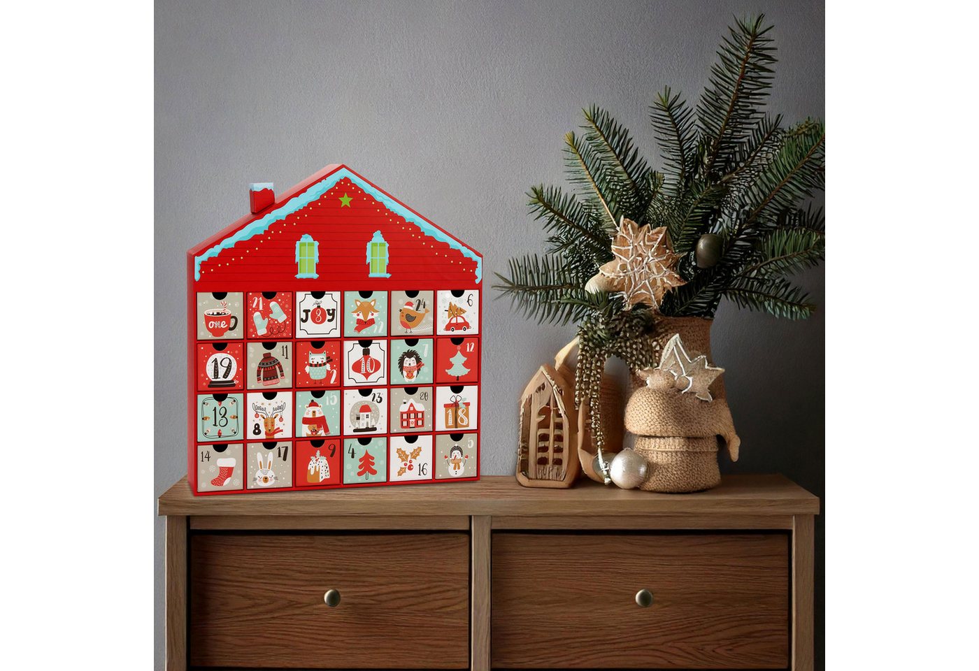 BRUBAKER befüllbarer Adventskalender Weihnachtshaus - Weihnachtskalender zum Befüllen (40,5 cm groß aus Pappe - Rot, 1-tlg), DIY Kalender mit 24 Türchen für Gutscheine und Süßigkeiten Bild 4