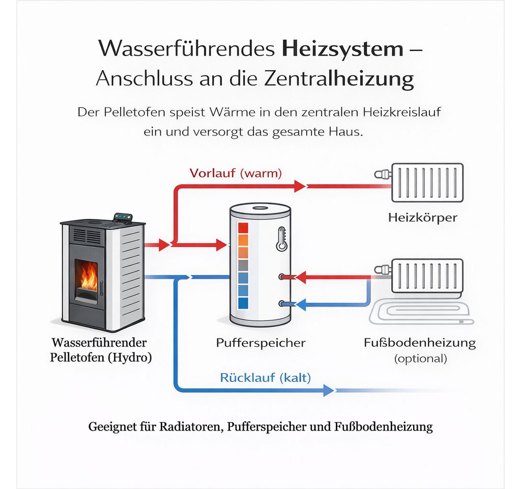 NEMAXX Pelletofen P18 Weiß 18 kW wasserführend bis 300m³ Zentralheizung A+ 40 kg Tank, (Reinigungsautomatik, ECO-Modus, Sicherheitsabschaltung, Wochentimer, Wi-Fi Ready), BAFA/förderfähig, Wasser 12,5kW, effiziente Wärme, bis 18 Std.Laufzeit
