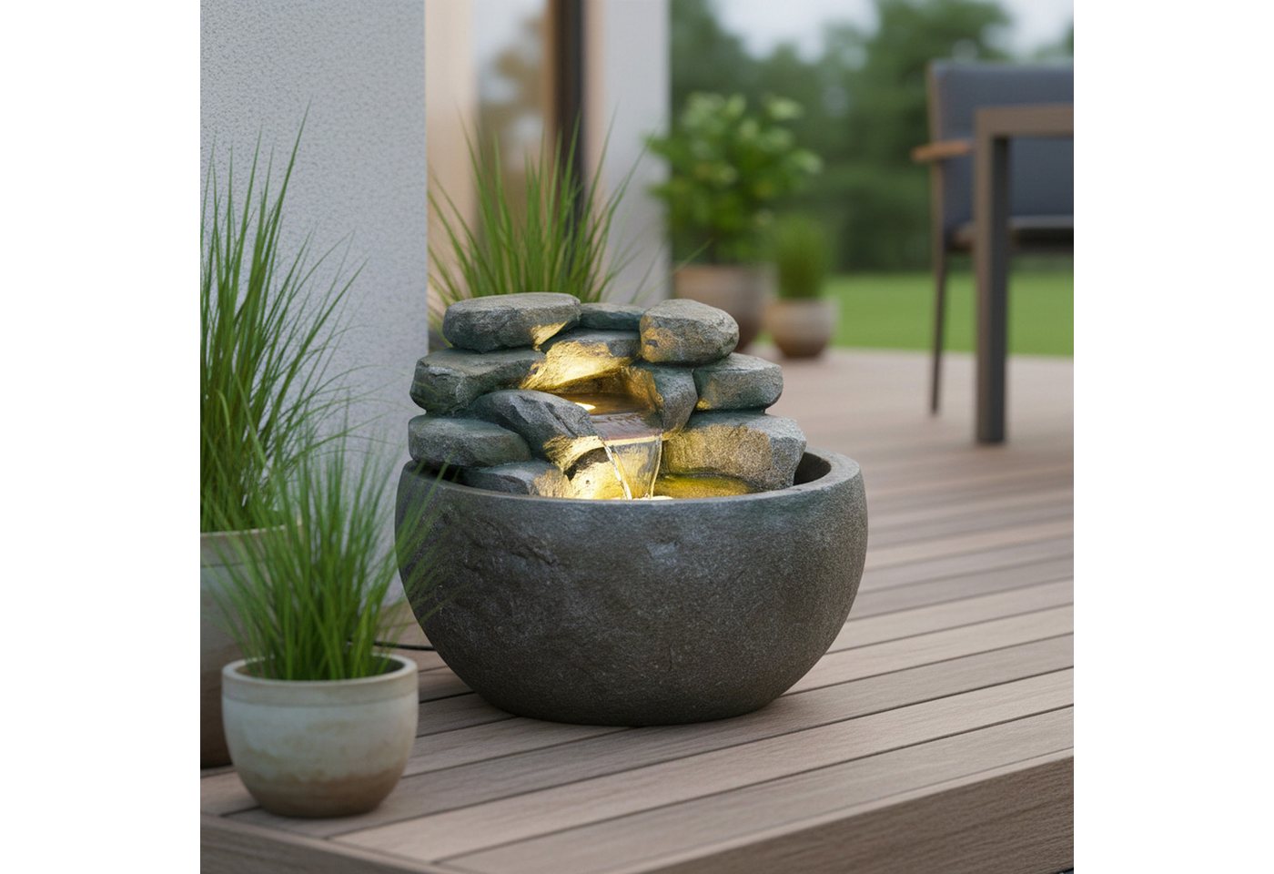 Arnusa Gartenbrunnen Springbrunnen BK911 runder Wasserfall Brunnen mit LED Beleuchtung, Steinoptik Gartenteich Dekoteich