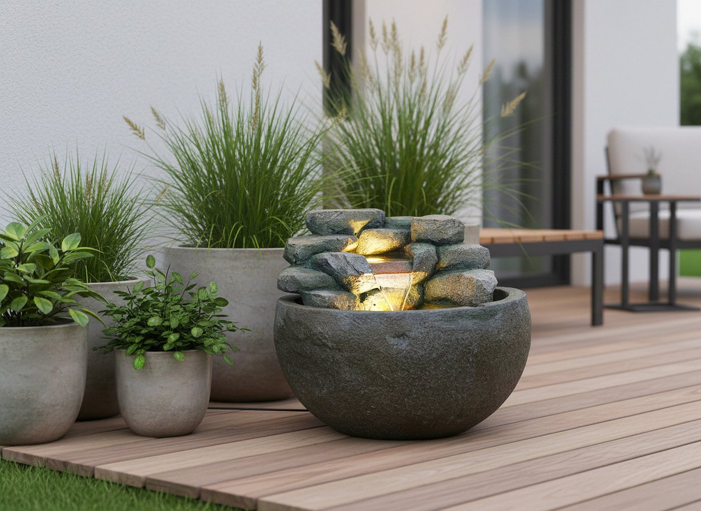 Arnusa Gartenbrunnen Springbrunnen BK911 runder Wasserfall Brunnen mit LED Beleuchtung, Steinoptik Gartenteich Dekoteich Bild 2