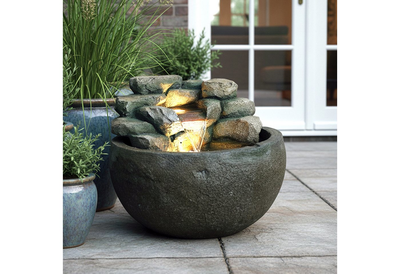 Arnusa Gartenbrunnen Springbrunnen BK911 runder Wasserfall Brunnen mit LED Beleuchtung, Steinoptik Gartenteich Dekoteich Bild 3