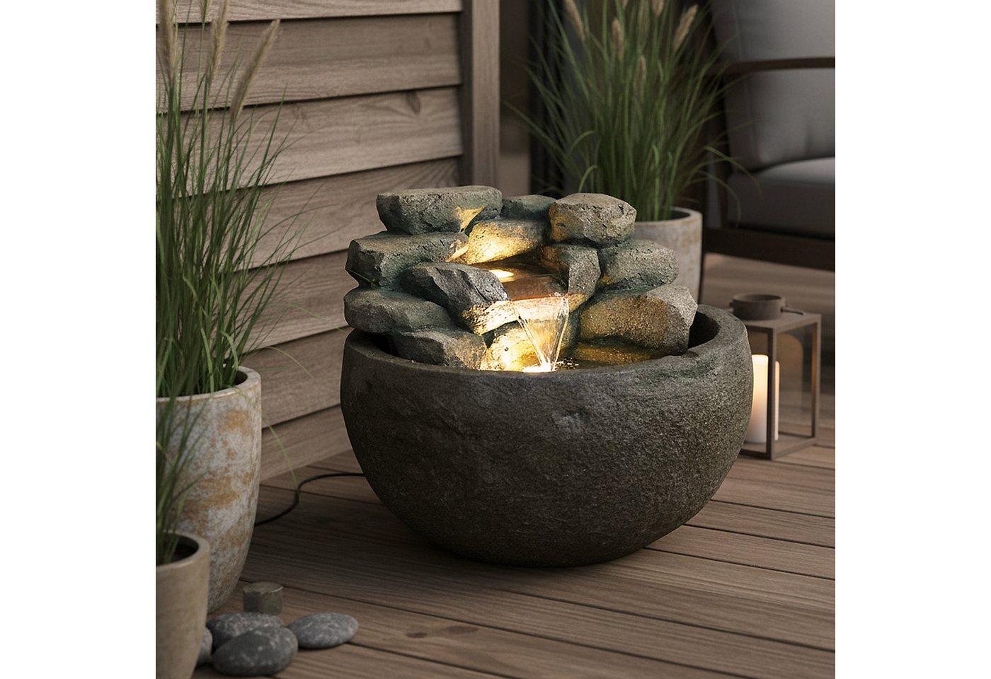 Arnusa Gartenbrunnen Springbrunnen BK911 runder Wasserfall Brunnen mit LED Beleuchtung, Steinoptik Gartenteich Dekoteich Bild 4