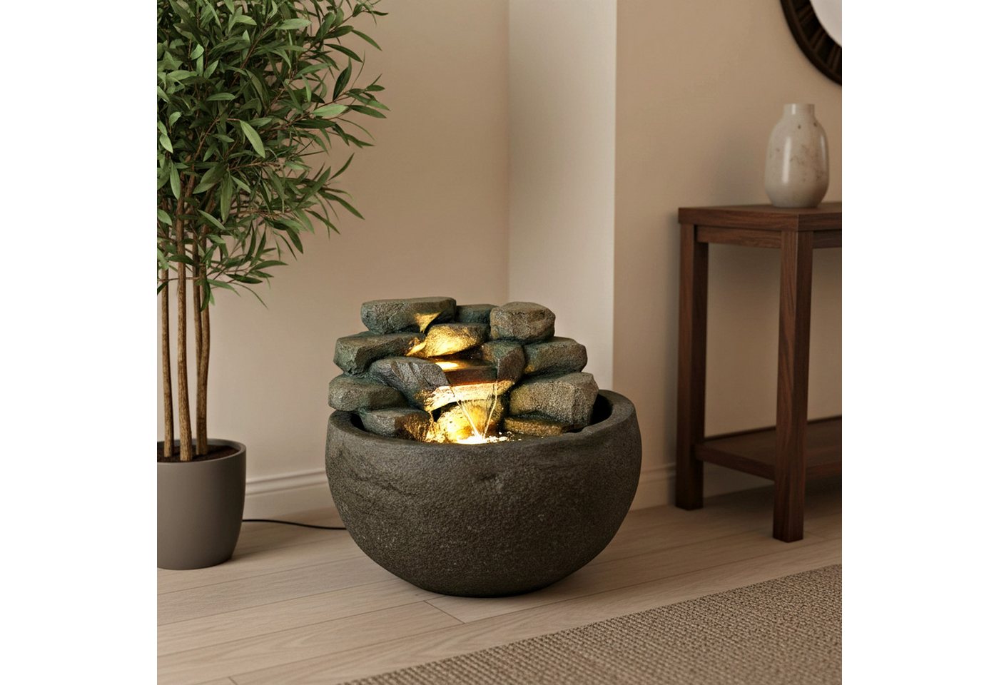 Arnusa Gartenbrunnen Springbrunnen BK911 runder Wasserfall Brunnen mit LED Beleuchtung, Steinoptik Gartenteich Dekoteich Bild 5