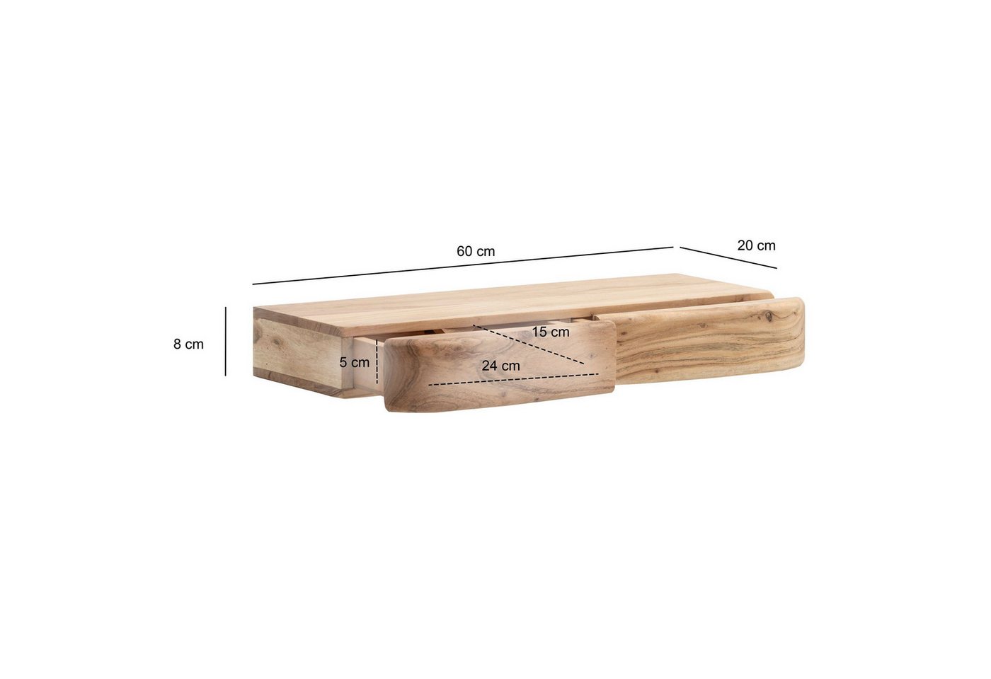 furnicato Wandregal mit Schubladen 60x20x8 cm Echtholz Honigbraun, Schwebendes Wandboard mit verdecktem Stauraum für dein Wohnzimmer Bild 5