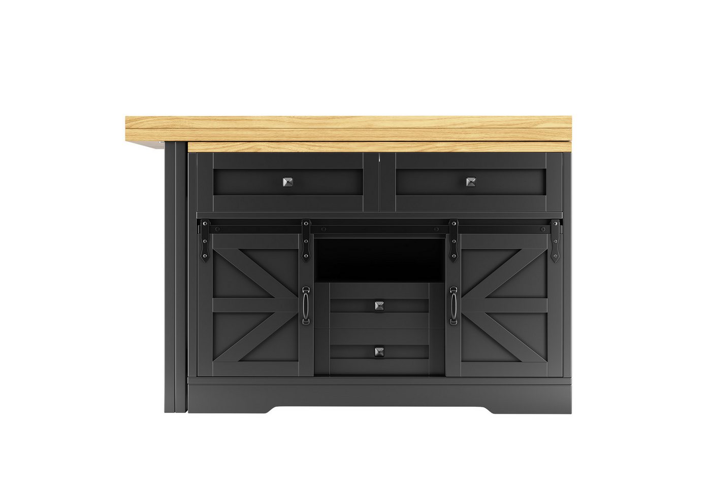 Flieks Kücheninsel mit 360° drehbarer und klappbarer Esstisch, Schiebetüren Landhausstil, (Holzoptik Tischplatte Tiefe 40-80cm, Längenverstellbar 120-197 cm), ausziehbarer Esstisch & Mehrzweckschrank mit versteckten Schubladen Bild 2