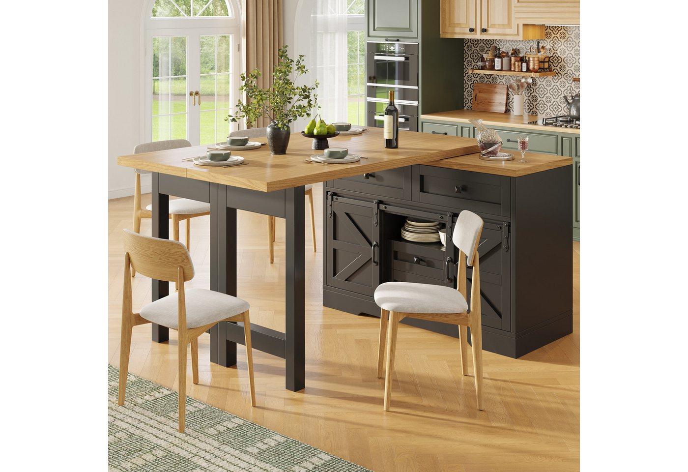 Flieks Kücheninsel mit 360° drehbarer und klappbarer Esstisch, Schiebetüren Landhausstil, (Holzoptik Tischplatte Tiefe 40-80cm, Längenverstellbar 120-197 cm), ausziehbarer Esstisch & Mehrzweckschrank mit versteckten Schubladen Bild 4
