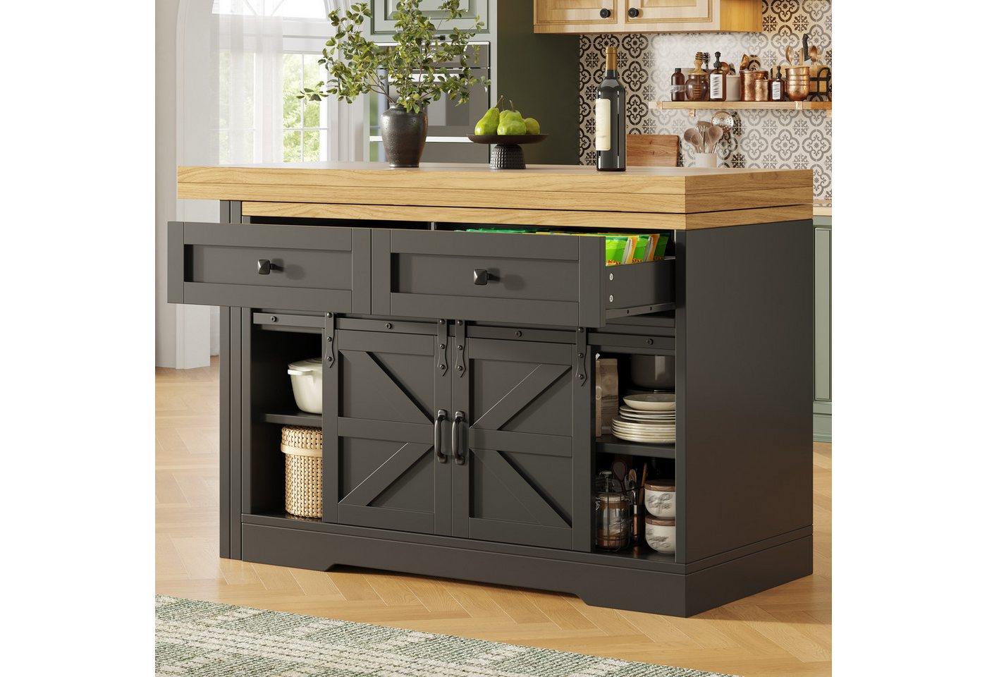 Flieks Kücheninsel mit 360° drehbarer und klappbarer Esstisch, Schiebetüren Landhausstil, (Holzoptik Tischplatte Tiefe 40-80cm, Längenverstellbar 120-197 cm), ausziehbarer Esstisch & Mehrzweckschrank mit versteckten Schubladen Bild 5