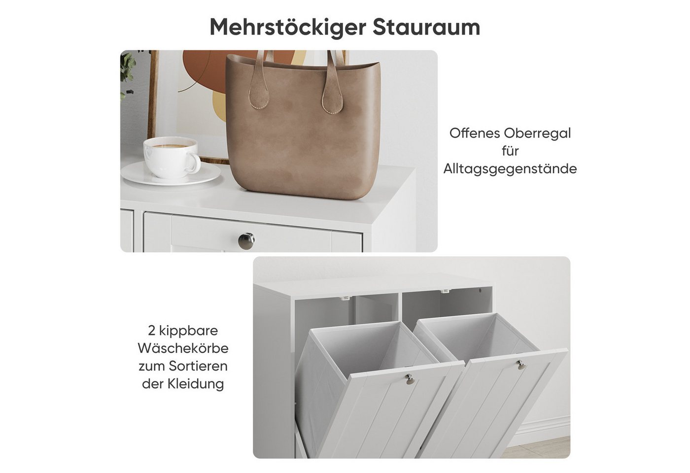 i@home Badkommode Wäscheschrank 2 Fächer Weiß kippbar (Wäschekorb mit herausnehmbaren Stoffkörben & Griffen, 1 St., versteckter Wäschekorb), platzsparender Wäschetrennschrank für Badezimmer & Balkon Bild 4