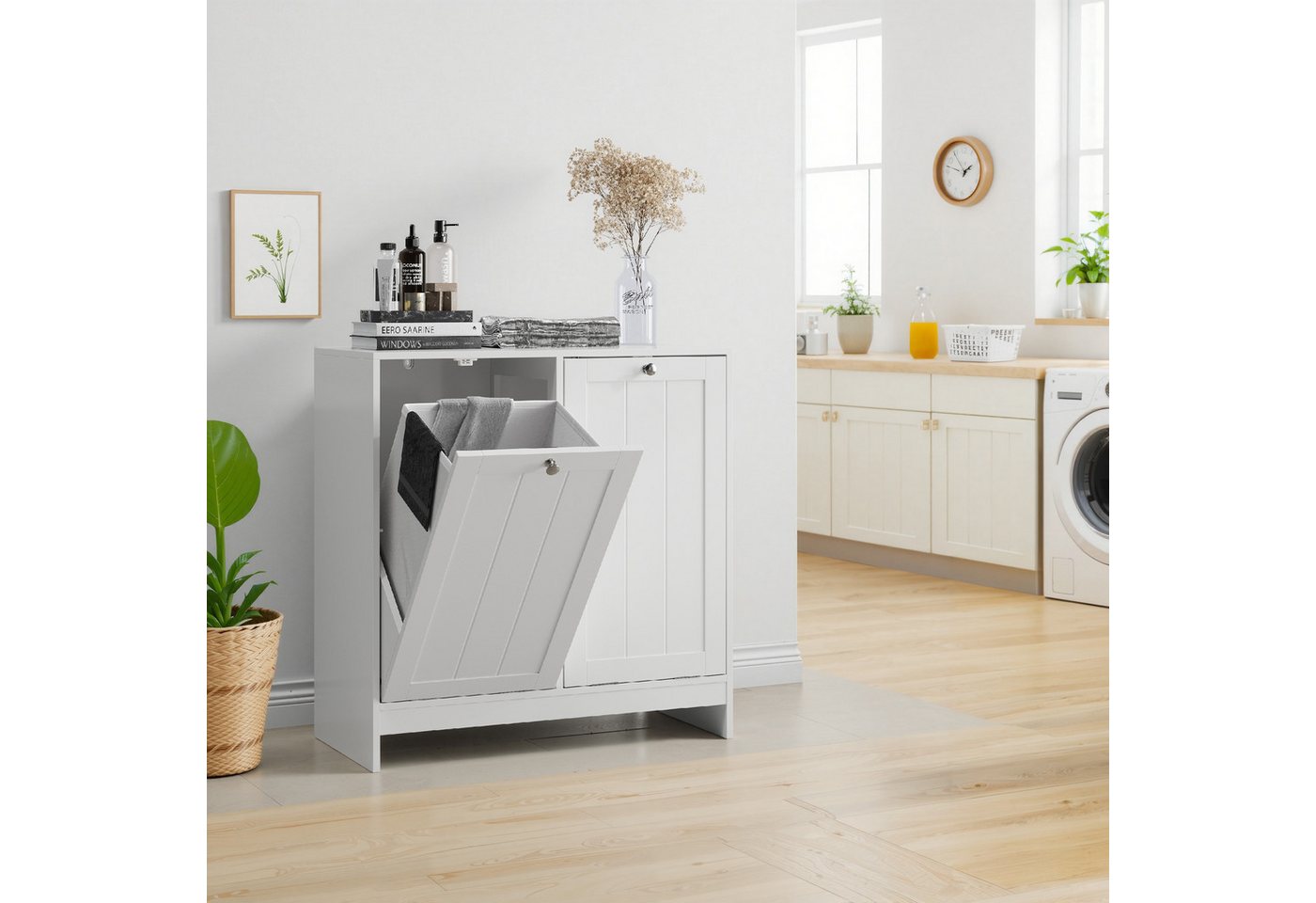 i@home Badkommode Wäscheschrank 2 Fächer Weiß kippbar (Wäschekorb mit herausnehmbaren Stoffkörben & Griffen, 1 St., versteckter Wäschekorb), platzsparender Wäschetrennschrank für Badezimmer & Balkon Bild 5