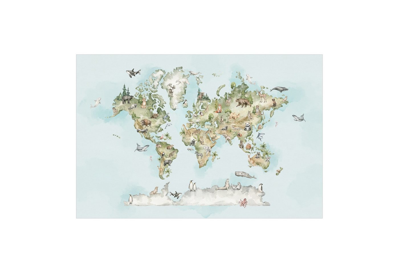 Bilderdepot24 Kindertapete Aquarell Weltkarte Tiere Kinderzimmer Lernkarte Atlas, Glatt, Matt, (Vliestapete inkl. Kleister oder selbstklebend), geruchsfreie Tapete Kinderzimmer